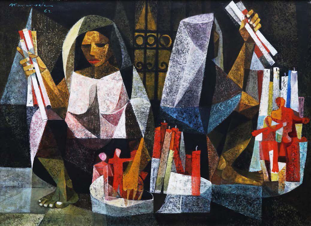Vicente Manansala | The Candle-Sellers | signed and dated 1962 (upper left) | oil on canvas 27” x 37” (69 cm x 94 cm)