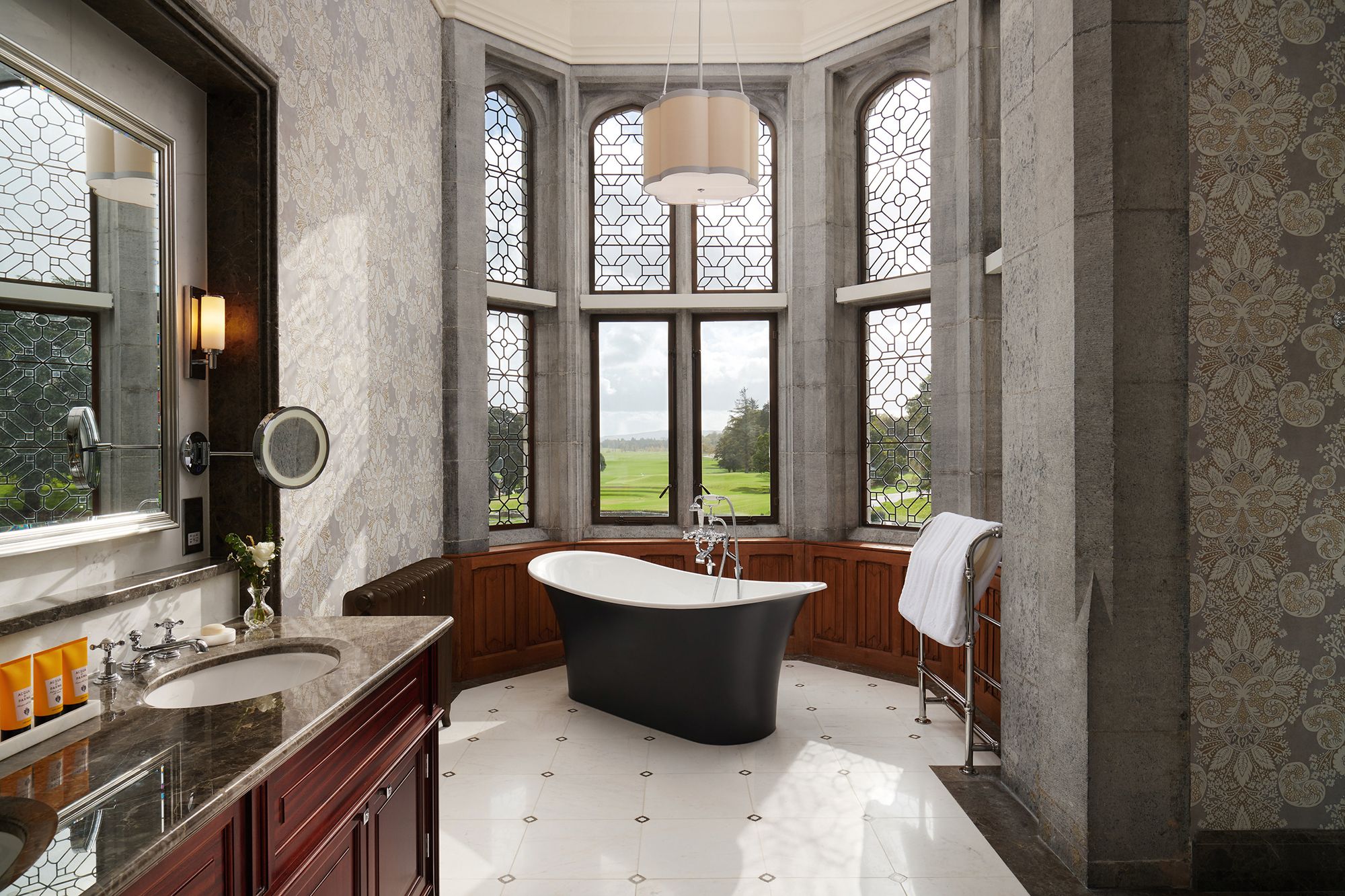 The bathroom of the Lady Augusta Signature Suite overlooks the expansive property