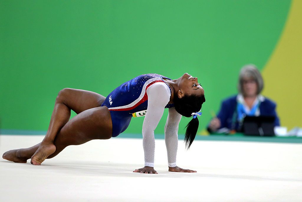 Gymnastics - Olympics: Day 6 Simone Biles #391 of the United States in action during her Floor Exercise during her gold Medal performance in the Artistic Gymnastics Women's Individual All-Around Final at the Rio Olympic Arena on August 11, 2016 in Rio de Janeiro, Brazil. (Photo by Tim Clayton/Corbis via Getty Images)