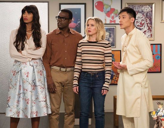 A scene from The Good Place with Jameela Jamil, William Jackson Harper, Kristen Bell and Manny Jacinto