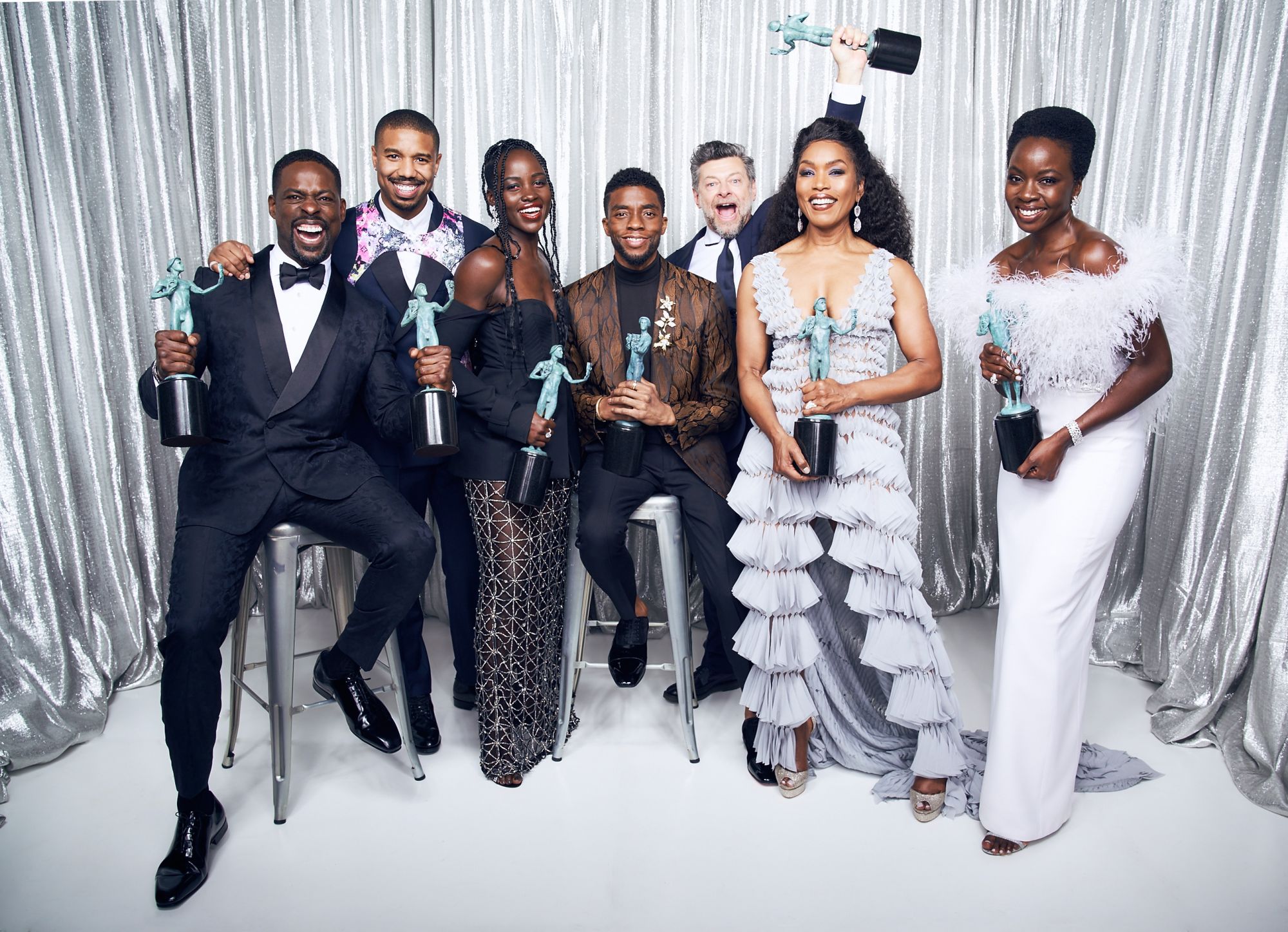 LOS ANGELES, CA - JANUARY 27: (EDITORS NOTE: The floor in this image has been retouched) (L-R) Sterling K. Brown, Angela Bassett, Lupita Nyong'o, Chadwick Boseman, Danain Gurira, Michael B. Jordan and Andy Sirkis winners of Outstanding Performance by a Cast in a Motion Picture for 'Black Panther,' pose in the Winner's Gallery during the 25th Annual Screen Actors Guild Awards at The Shrine Auditorium on January 27, 2019 in Los Angeles, California. (Photo by Terence Patrick/Getty Images for Turner)