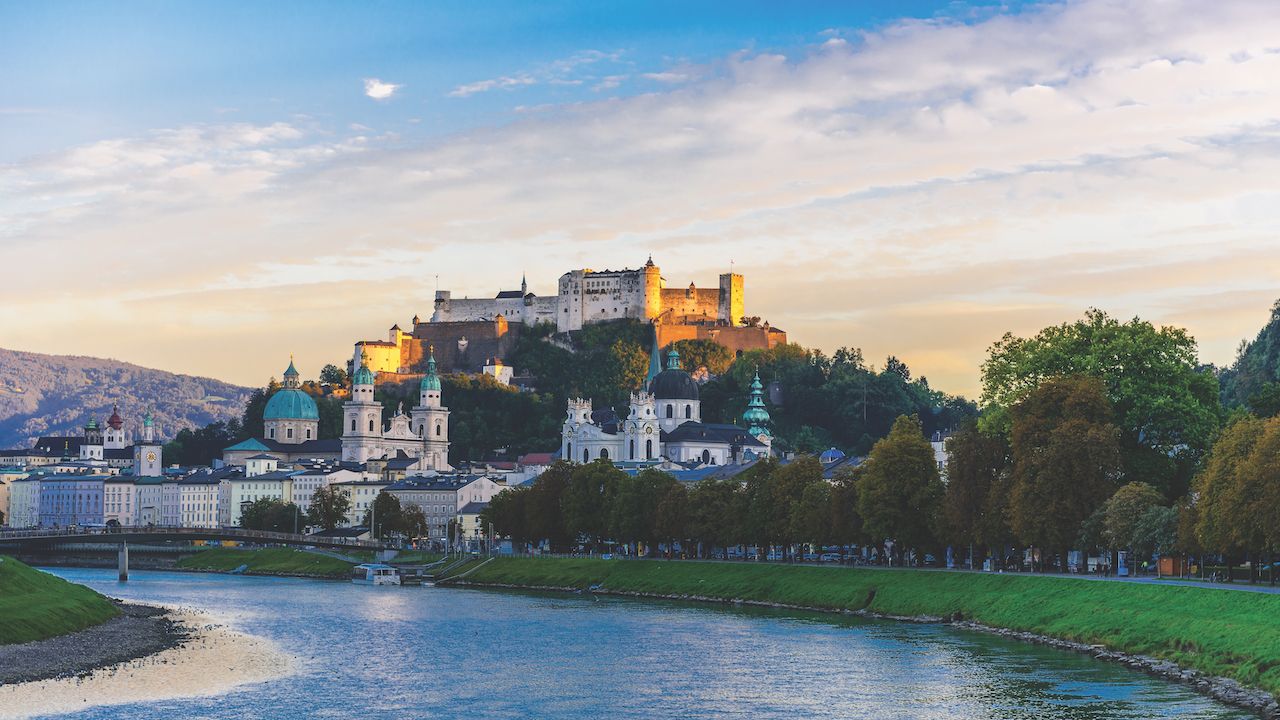 Hohensalzburg castle, Salzach river. Salzburg cityscape