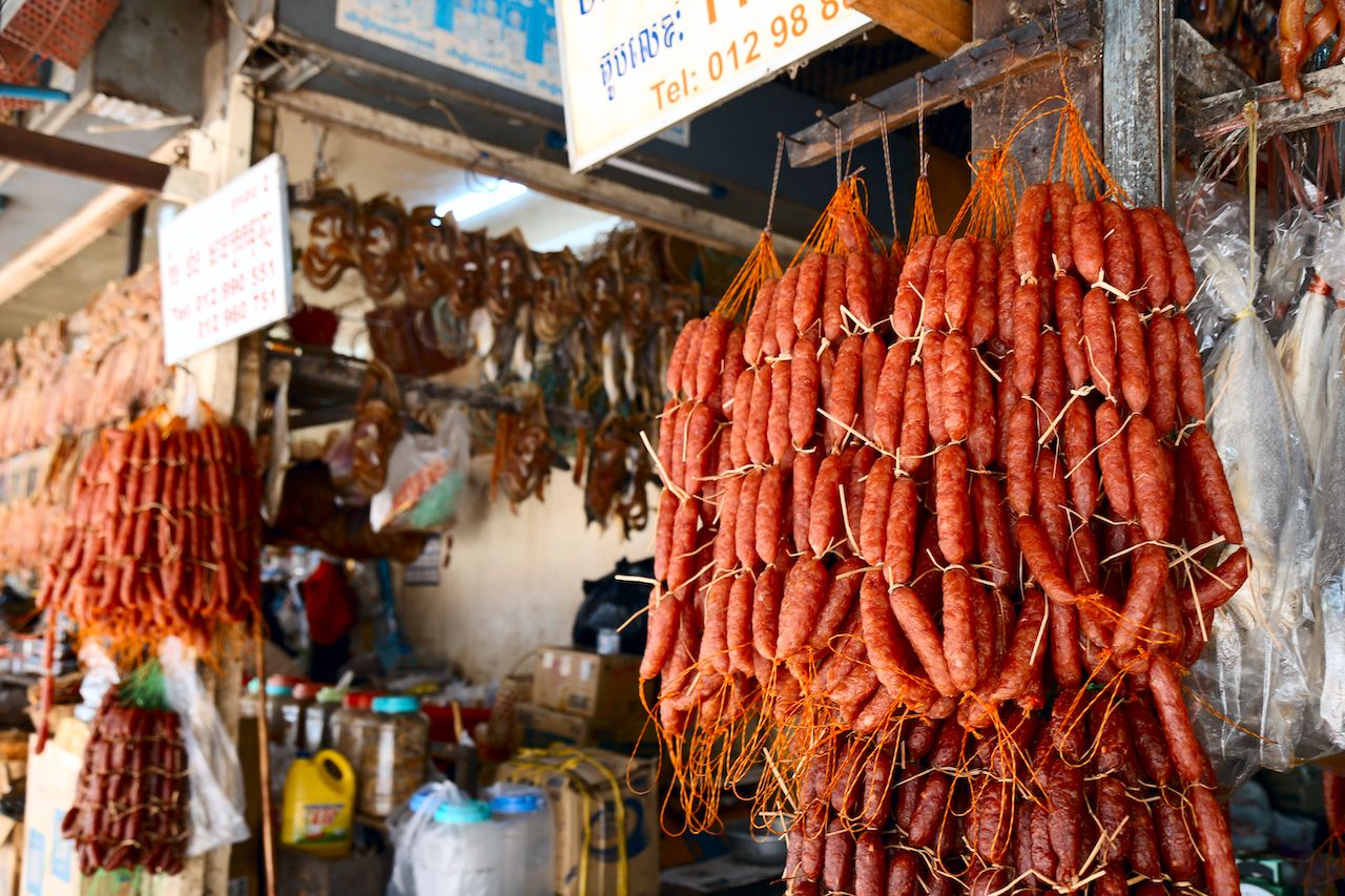 Sausages and dried meats for sale at Psar Chas (Old Market), Siem Reap, Cambodia.