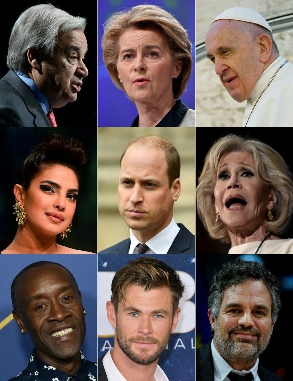 This combined photo, created October 10, 2020, shows TED talk climate speakers (L to R, top to bottom) Antonio Guterres, Ursula von der Leyen, Pope Francis, Priyanka Chopra, Prince William, Jane Fonda, Don Cheadle, Chris Hemsworth and Mark Ruffalo © CRISTINA QUICLER, JOHN THYS, Alberto PIZZOLI, Sujit Jaiswal, Daniel LEAL-OLIVAS, Olivier Douliery, LISA O'CONNOR, Angela Weiss, Kenzo TRIBOUILLARD - AFP