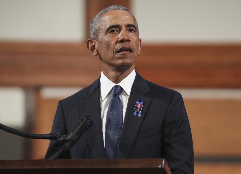 Former US President Barack Obama speaks during the funeral of late Representative and Civil Rights leader John Lewis(D-GA) at the State Capitol in Atlanta, Georgia on July 30, 2020. - Lewis, a 17-term Democratic member of the US House of Representatives from the southern state of Georgia, died of pancreatic cancer on July 17 at the age of 80. (Photo by Alyssa Pointer / POOL / AFP)