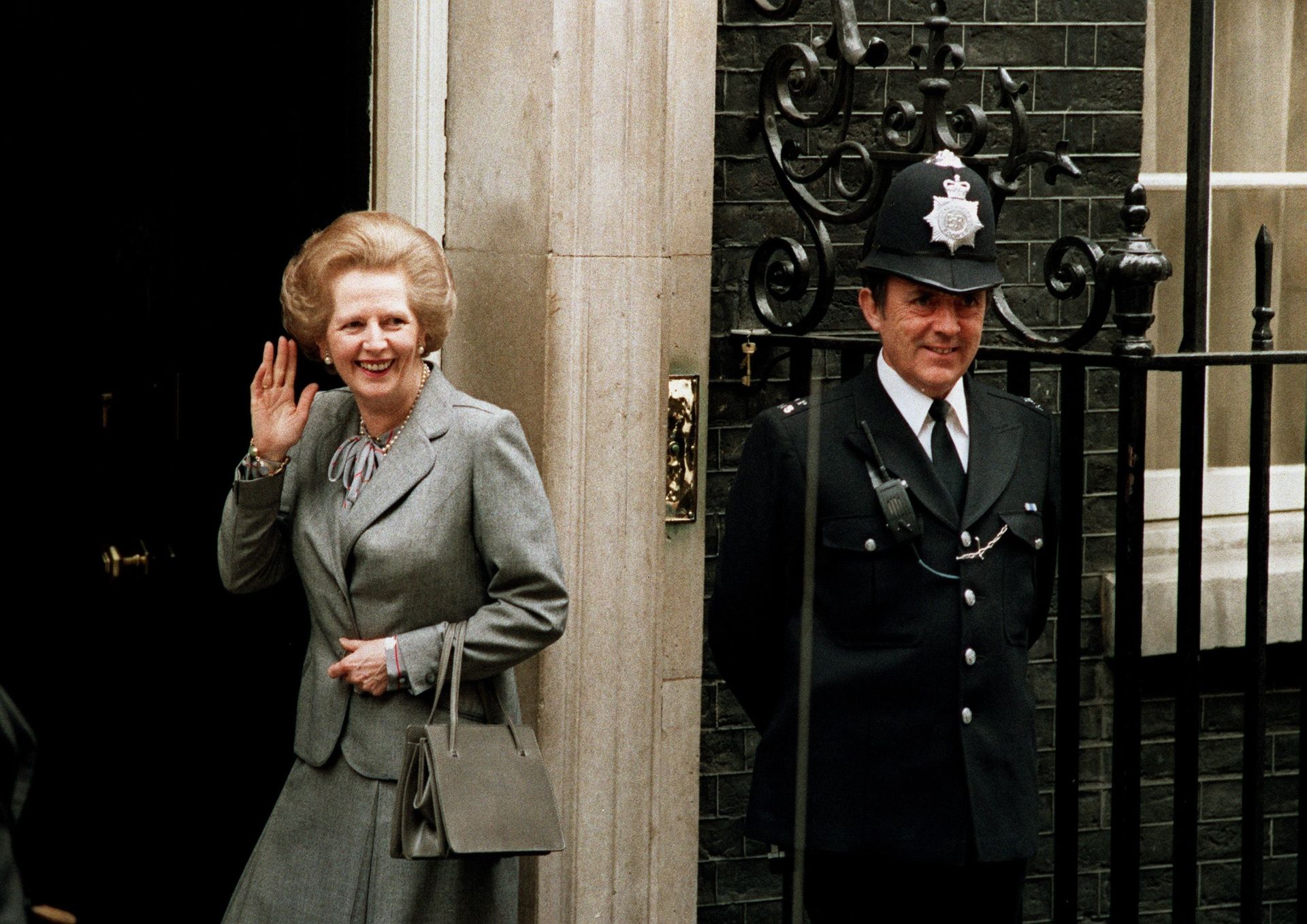 Mandatory Credit: Photo by John Redman/AP/Shutterstock (7380087a)THATCHER Britain's Prime Minister Margaret Thatcher waves to members of the media on returning to No. 10 Downing Street from Buckingham Palace after a visit with Queen Elizabeth II onTHATCHER NO. 10 DOWNING, LONDON, United Kingdom