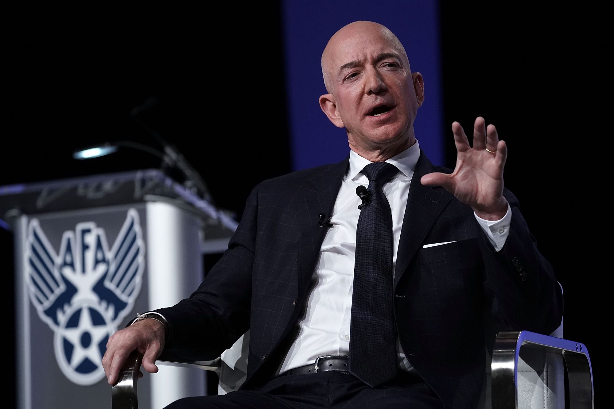 NATIONAL HARBOR, MD - SEPTEMBER 19: Amazon CEO Jeff Bezos, founder of space venture Blue Origin and owner of The Washington Post, participates in an event hosted by the Air Force Association September 19, 2018 in National Harbor, Maryland. Bezos talked about innovating in large organizations as well as staying on the cutting edge in the space industry. (Photo by Alex Wong/Getty Images)
