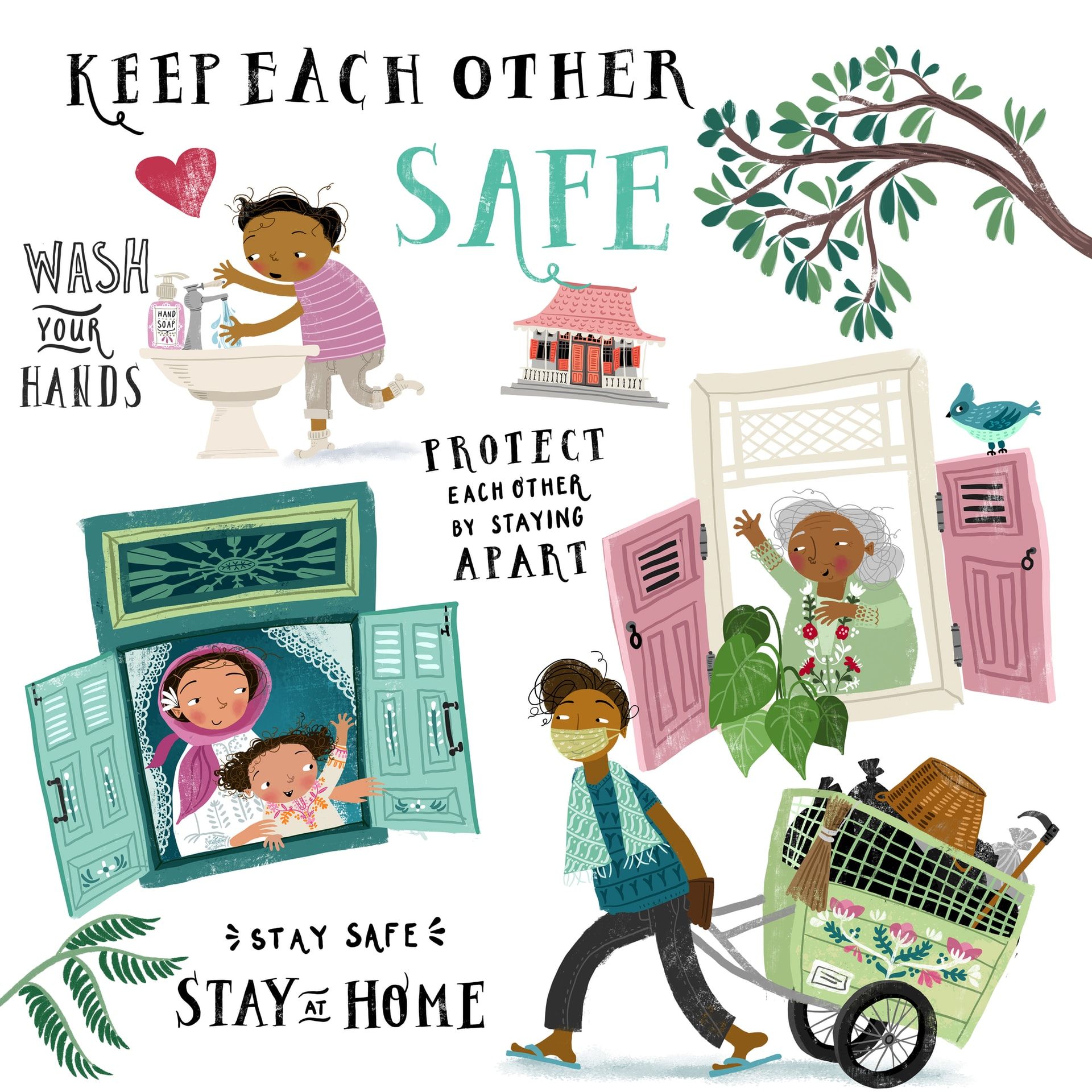 Keep Each Other Safe. Inspired by life in South East Asia and how we can all help each other be a little safer. Image created by Asa Gilland. Submitted for United Nations Global Call Out To Creatives - help stop the spread of COVID-19.