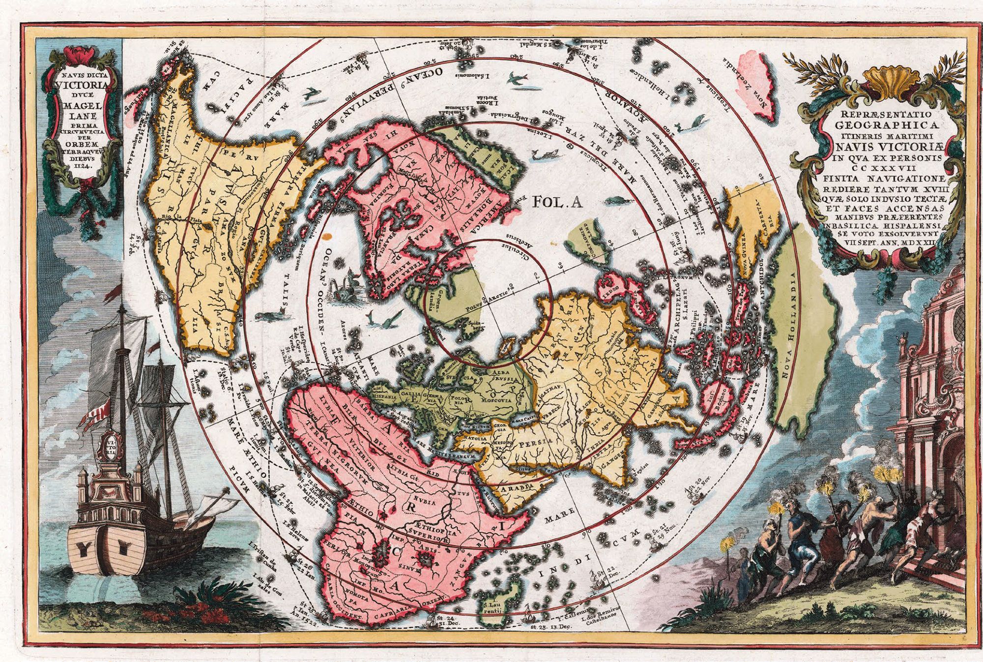 Heinrich Scherer (German, 1628-1704), magellanic world map entitled "Representatio Geographica Itineris Maritimi Navis Victoriae...," using north polar projection and showing the route of Magellan's circumnavigation. It also features the Victoria, the only remaining ship from Magellan's armada, and survivors of the voyage. Published in Scherer's Atlas Novus, circa 1700, hand-colored copperplate etching, 23 x 36 cm. Private collection. (Photo by VCG Wilson/Corbis via Getty Images)