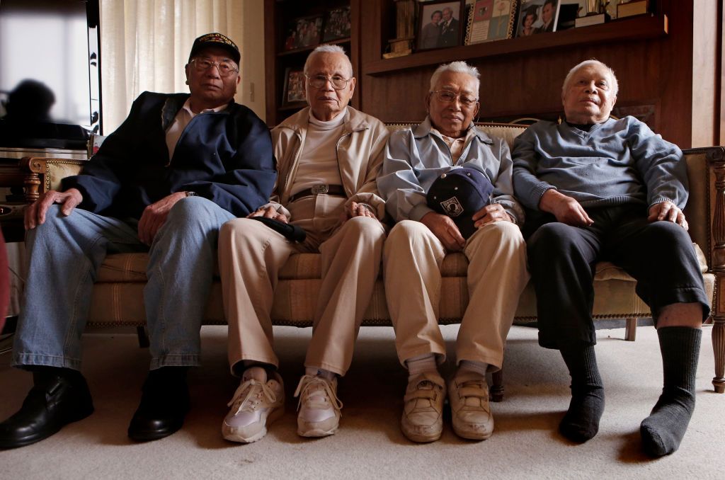 All former prisoners of war during World War II Pedro PIneda, Proculo Bualet, David Tejada and Luis Gaerlan Jr. as seen on Thursday May 22, 2014, in San Francisco, Calif. Pineda, Tejada and Gaerlan are survivors of the Bataan Death March of 1942. Bualet is a POW survivor, captured on Corregidor. A talk with survivors of the Bataan Death March of 1942. (Photo by Michael Macor/San Francisco Chronicle via Getty Images)