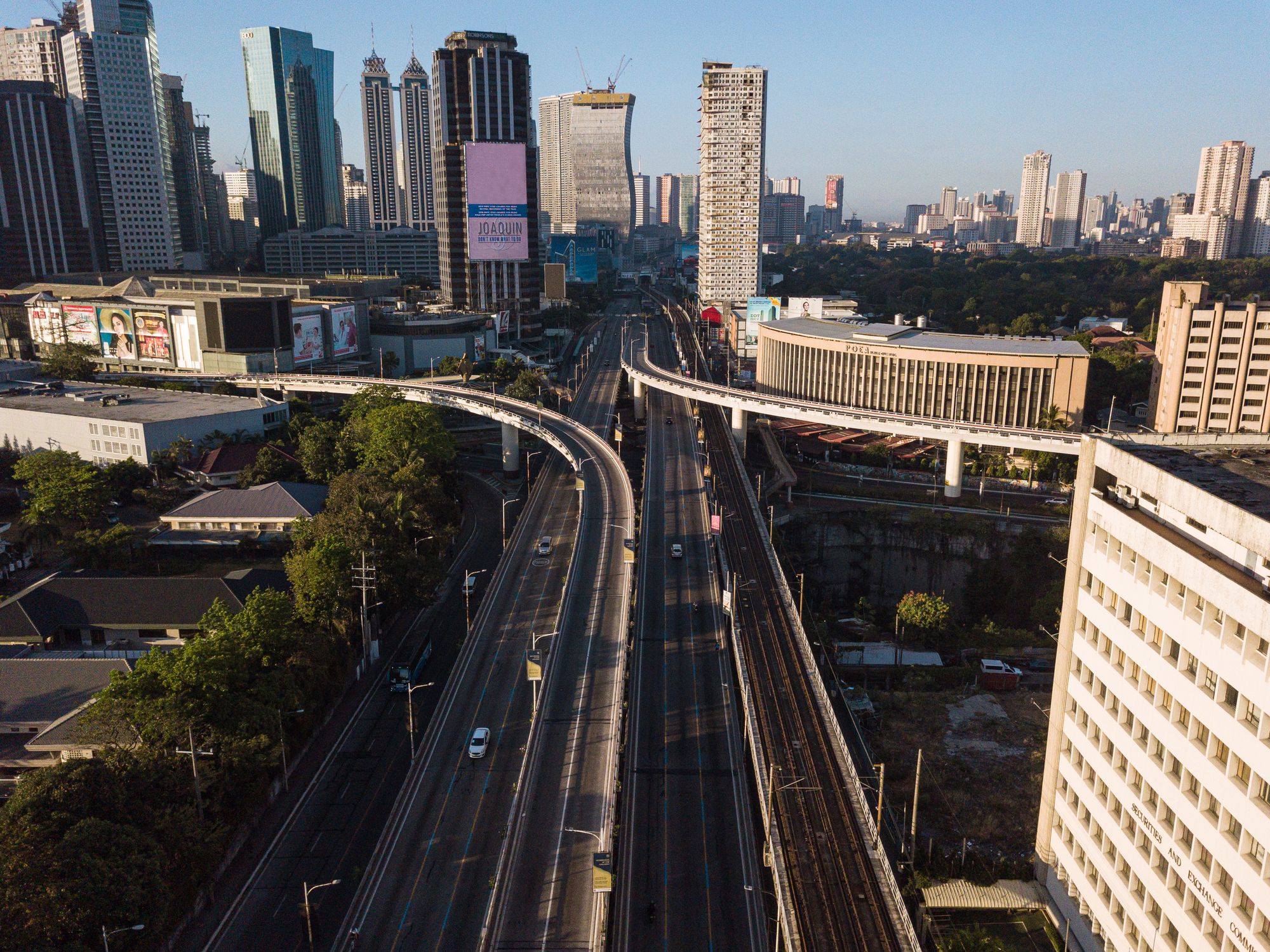 Metro Manila - April 5, 2020: An aerial photograph of the Ortigas flyover in Metro Manila during the 3rd week of the government imposed Enhanced Community Quarantine in response to prevent the further spread of the virus, Covid-19.