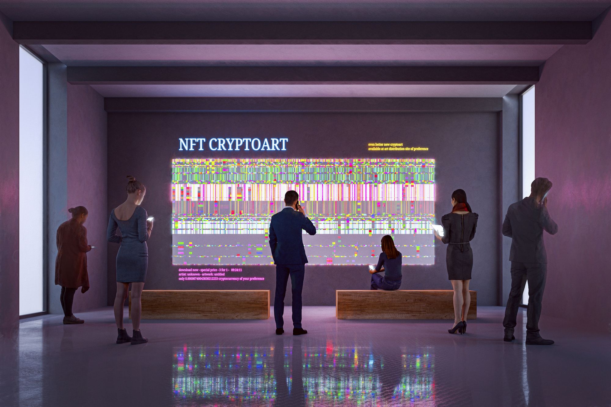 NFT CryptoArt display in art gallery with people using smart phones and digital tablets. Entrirely 3D generated image. Image on the walls is my own and it