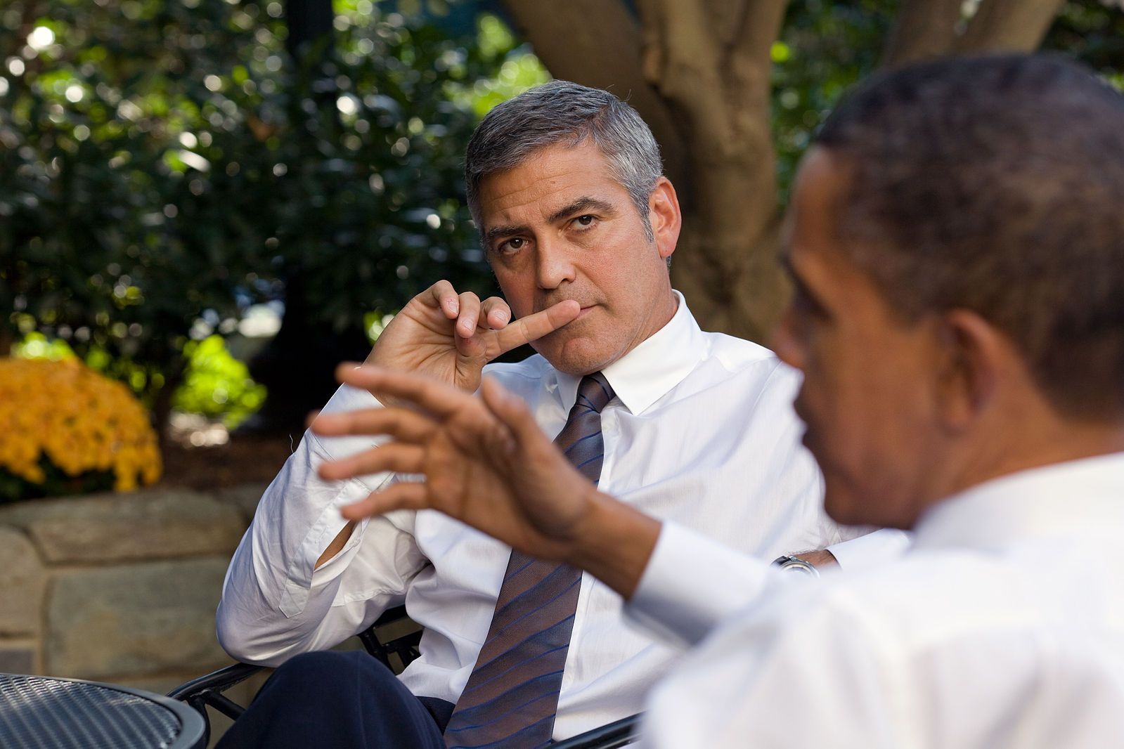 resident Barack Obama discusses the situation in Sudan with actor George Clooney during a meeting outside the Oval Office, Oct. 12, 2010. | Photo from Wikimedia Commons; Pete Souza