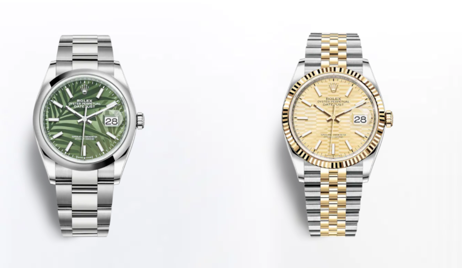 From left to right: Rolex Datejust 36 Oystersteel, Datejust 36 in yellow gold.