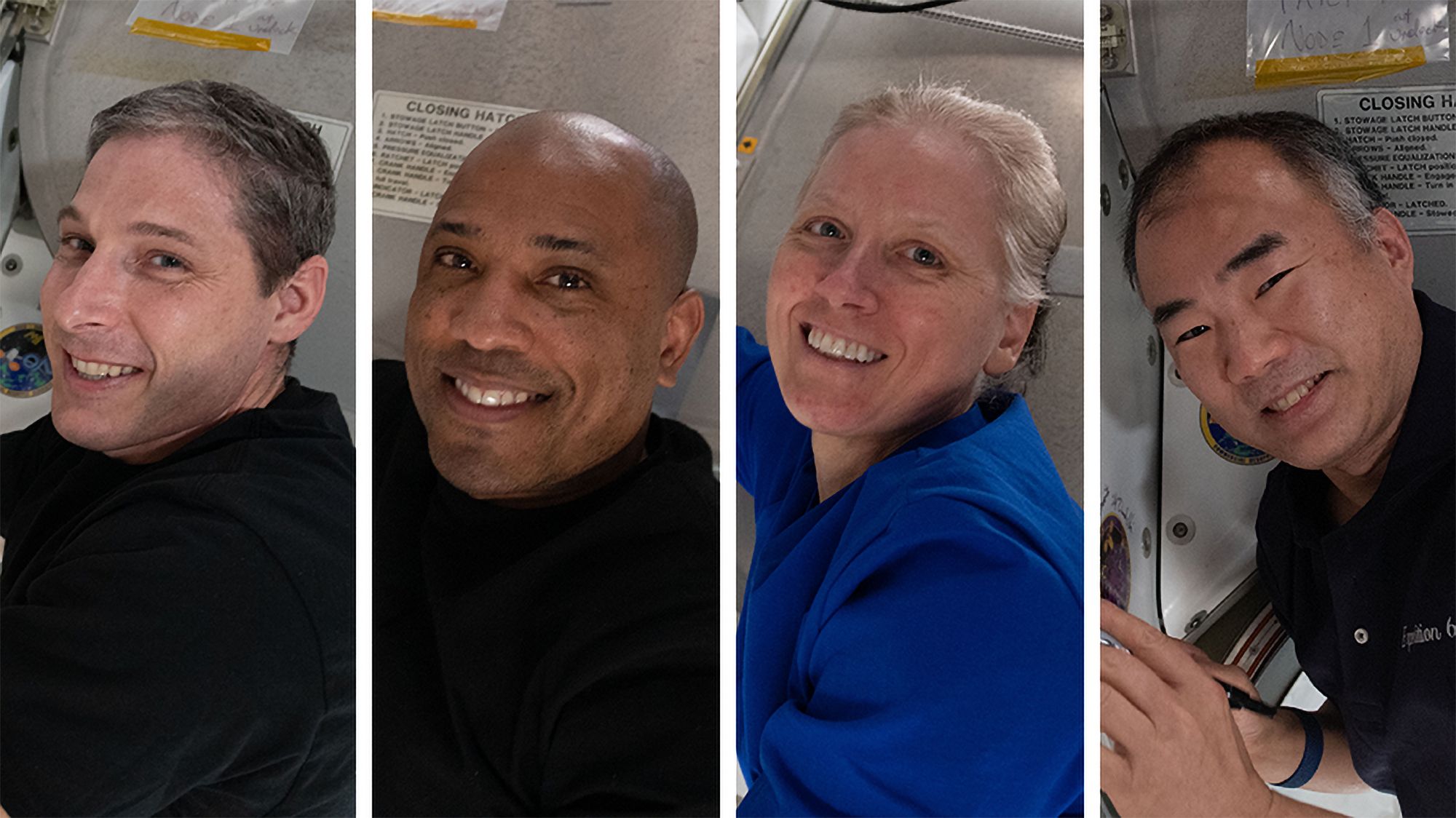 Pictured from left are Expedition 64 Flight Engineers and SpaceX Crew-1 members Michael Hopkins, Victor Glover, Shannon Walker and Soichi Noguchi. | Photo: NASA