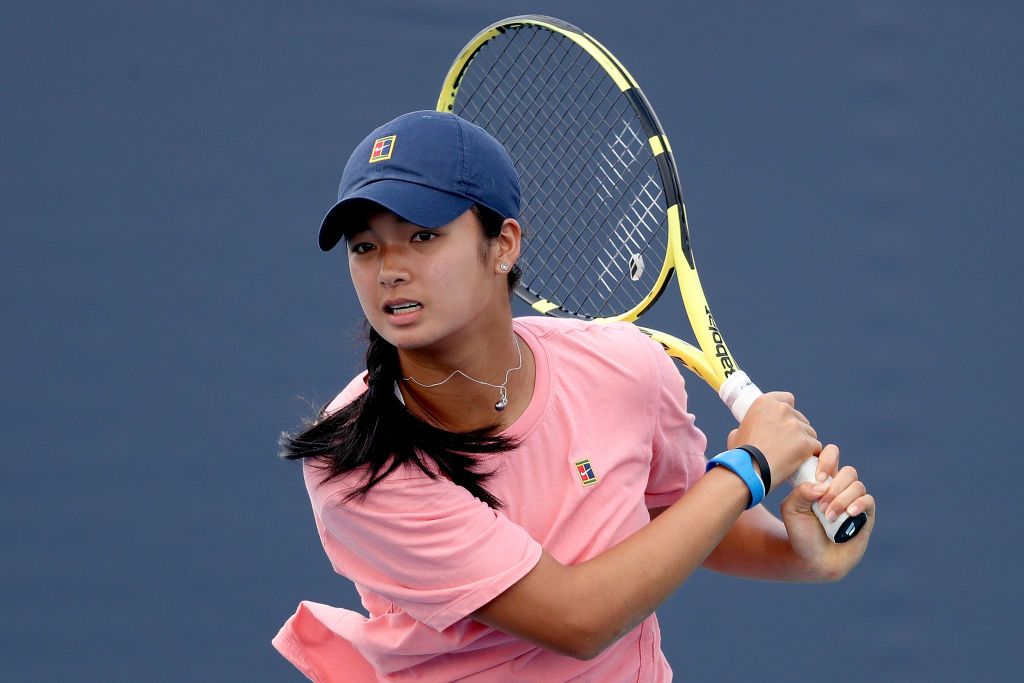 MIAMI GARDENS, FLORIDA - MARCH 24: Alex Eala of Philippines trains during the Miami Open at Hard Rock Stadium on March 24, 2021 in Miami Gardens, Florida. (Photo by Matthew Stockman/Getty Images)