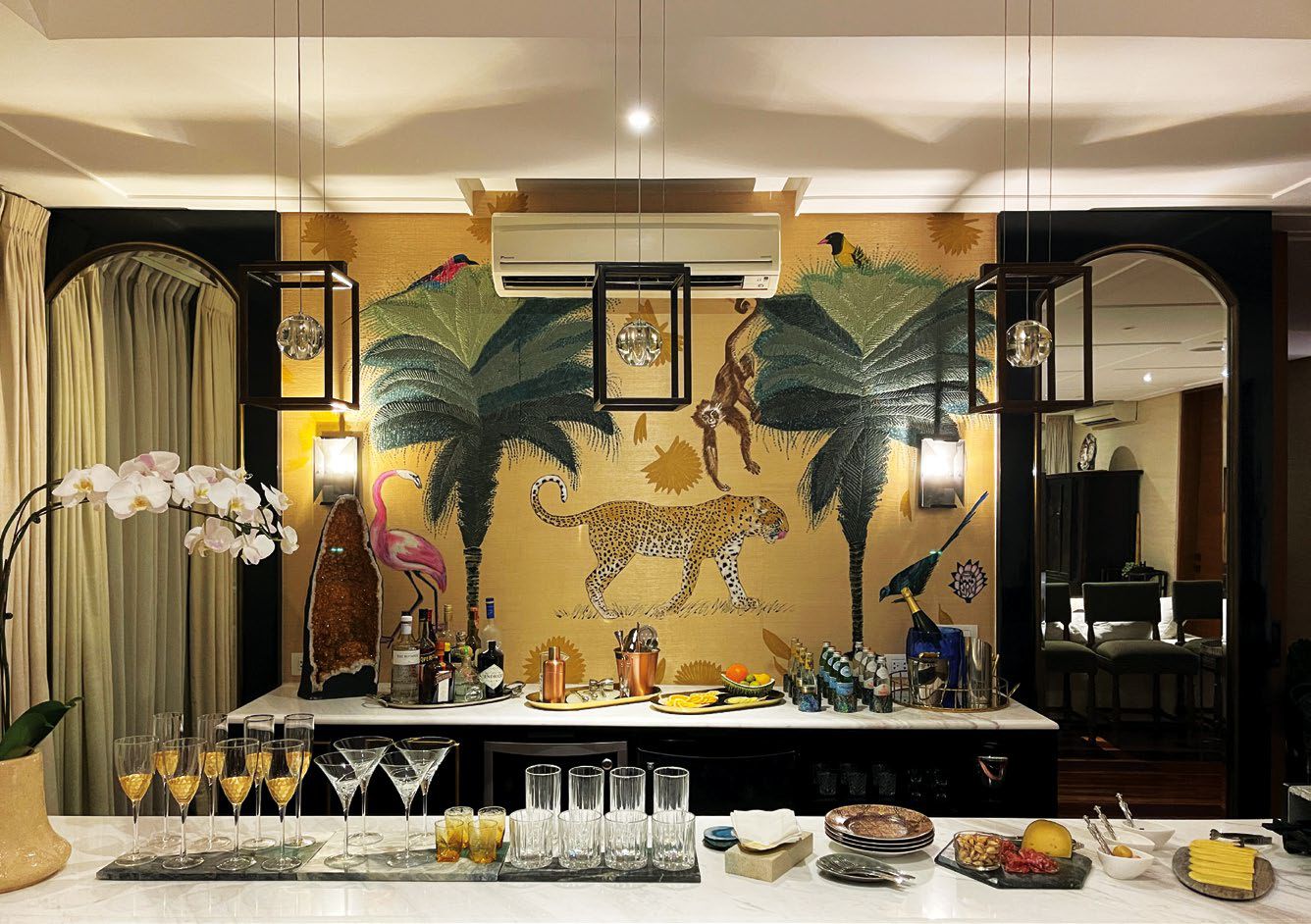 A statement wall serves as an eye- catching backdrop