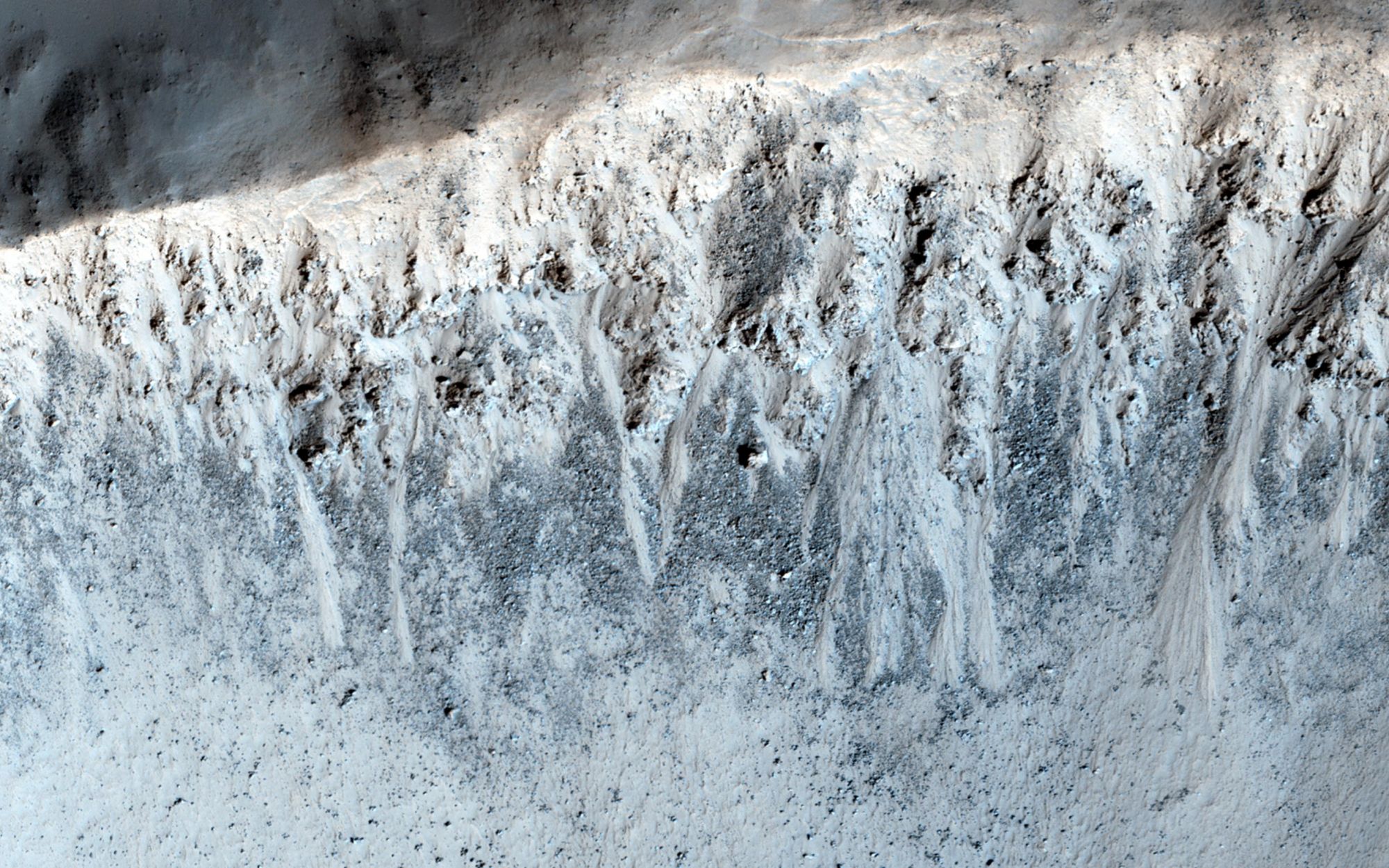 These are Equatorial Gullies on Mars, found in Libya Montes. These gullies appear on steep slopes, including the walls of craters, which almost appear like white paint on a canvas in this enhanced photograph. | Photo: NASA