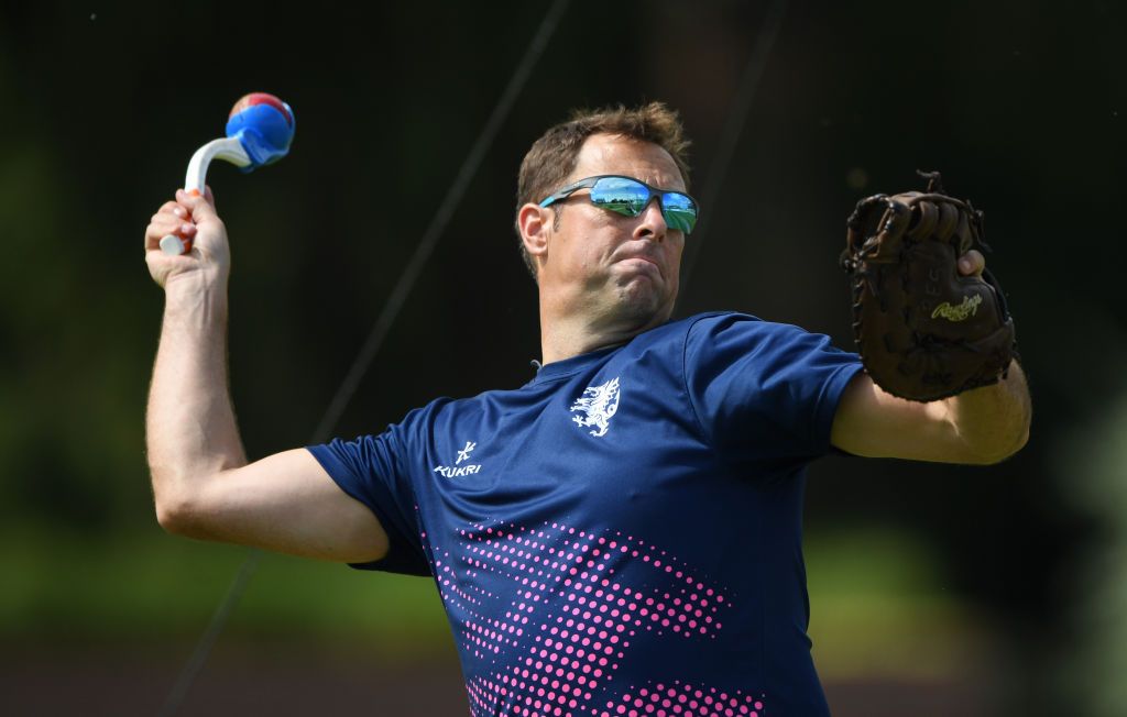 TAUNTON, ENGLAND - JUNE 15: Former Somerset and England player Marcus Trescothick in throwdown action with a dog stick during a net session at The County Ground on June 15, 2020 in Taunton, England. (Photo by Stu Forster/Getty Images)