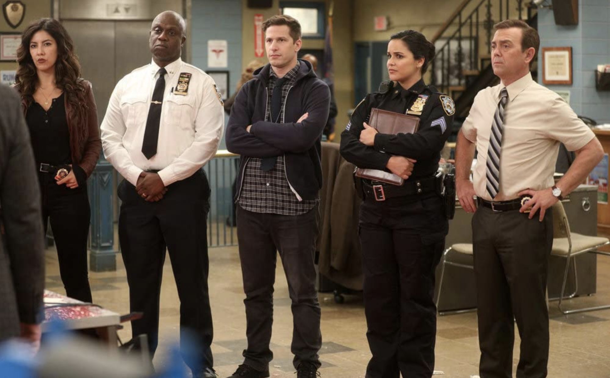 (L-R) Andre Braugher, Melissa Fumero, Joe Lo Truglio, Andy Samberg, and Stephanie Beatriz in Dillman, Episode 9, Season 7. | Photo: IMDb.com