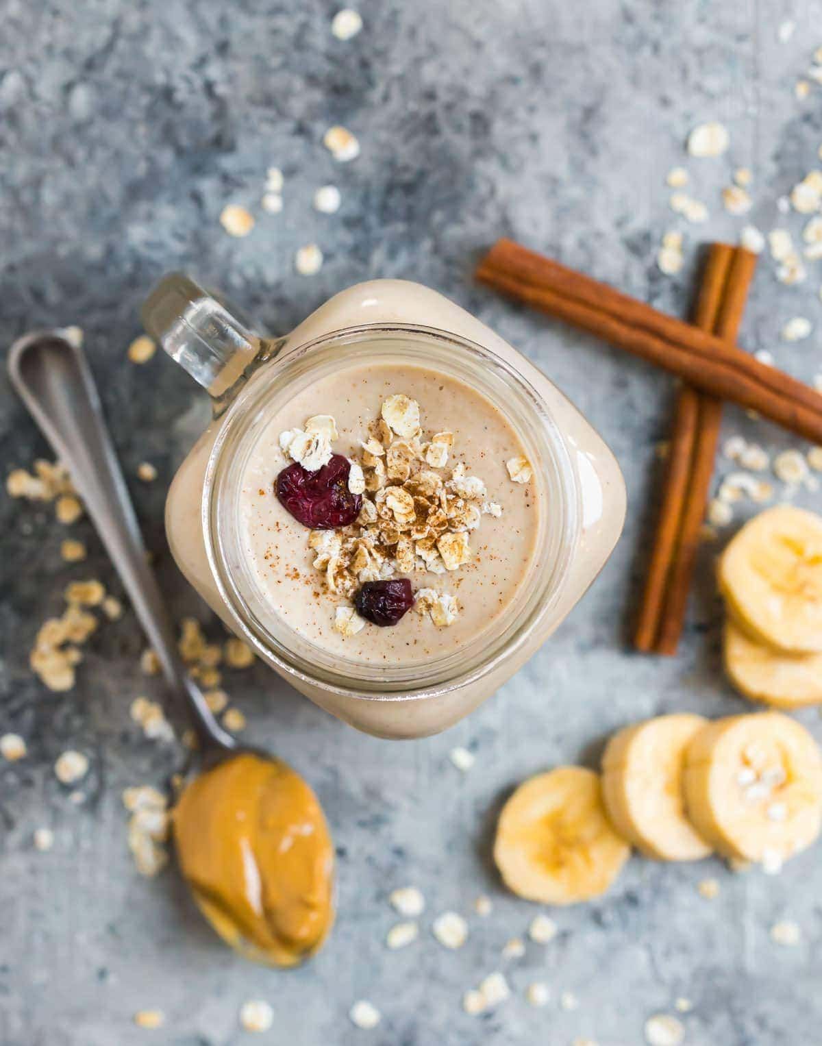 Fill your stomach and satisfy your taste buds at the same time with this peanut butter oatmeal smoothie.