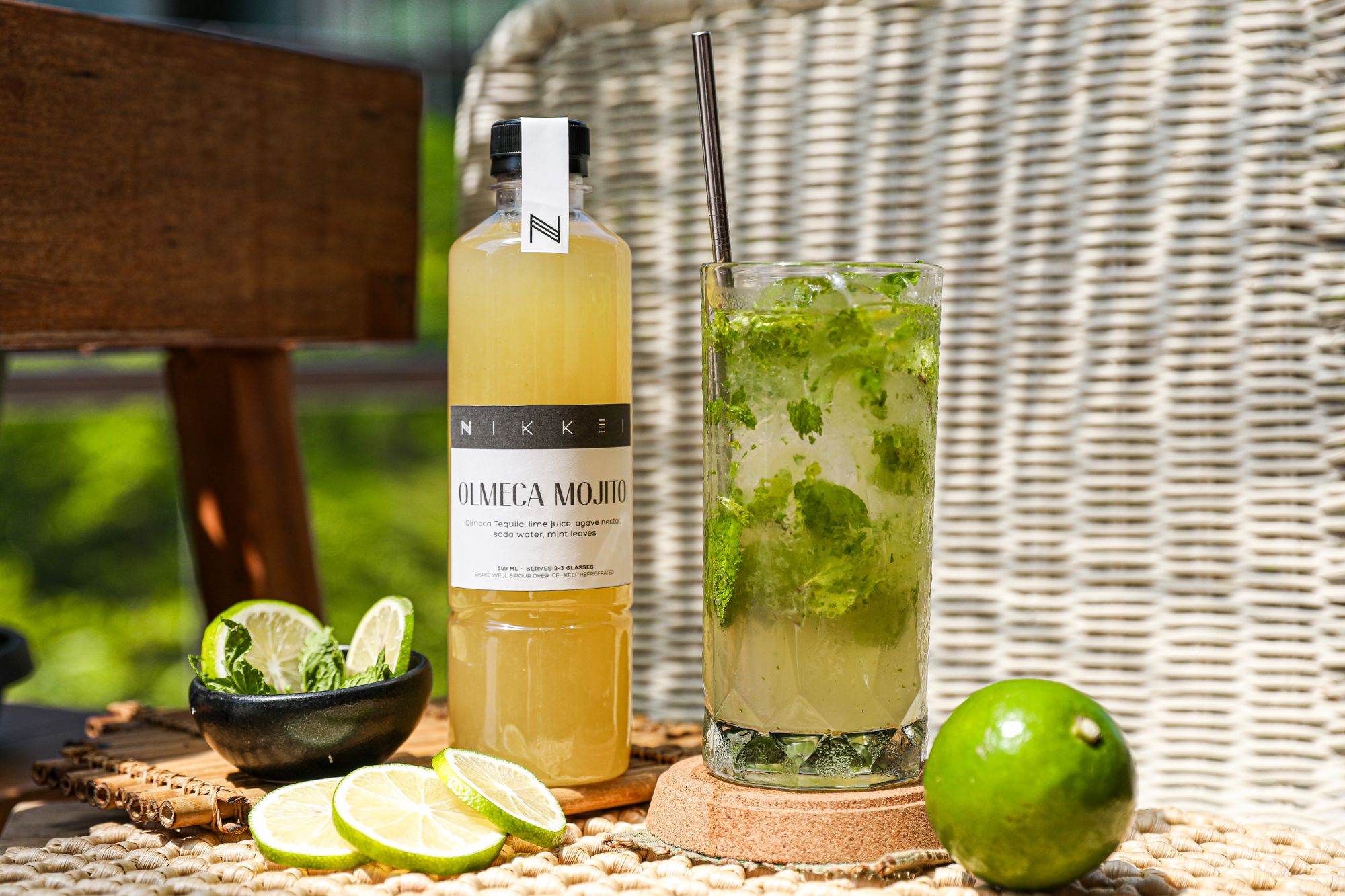 The Olmeca mojto is sure to refresh with Olmeca tequila, lime juice, agave nectar, soda water, and mint leaves.