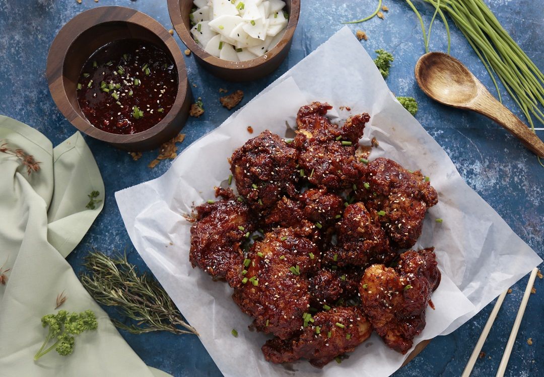 Dakgangjung or Korean fried chicken in sweet and spicy sauce