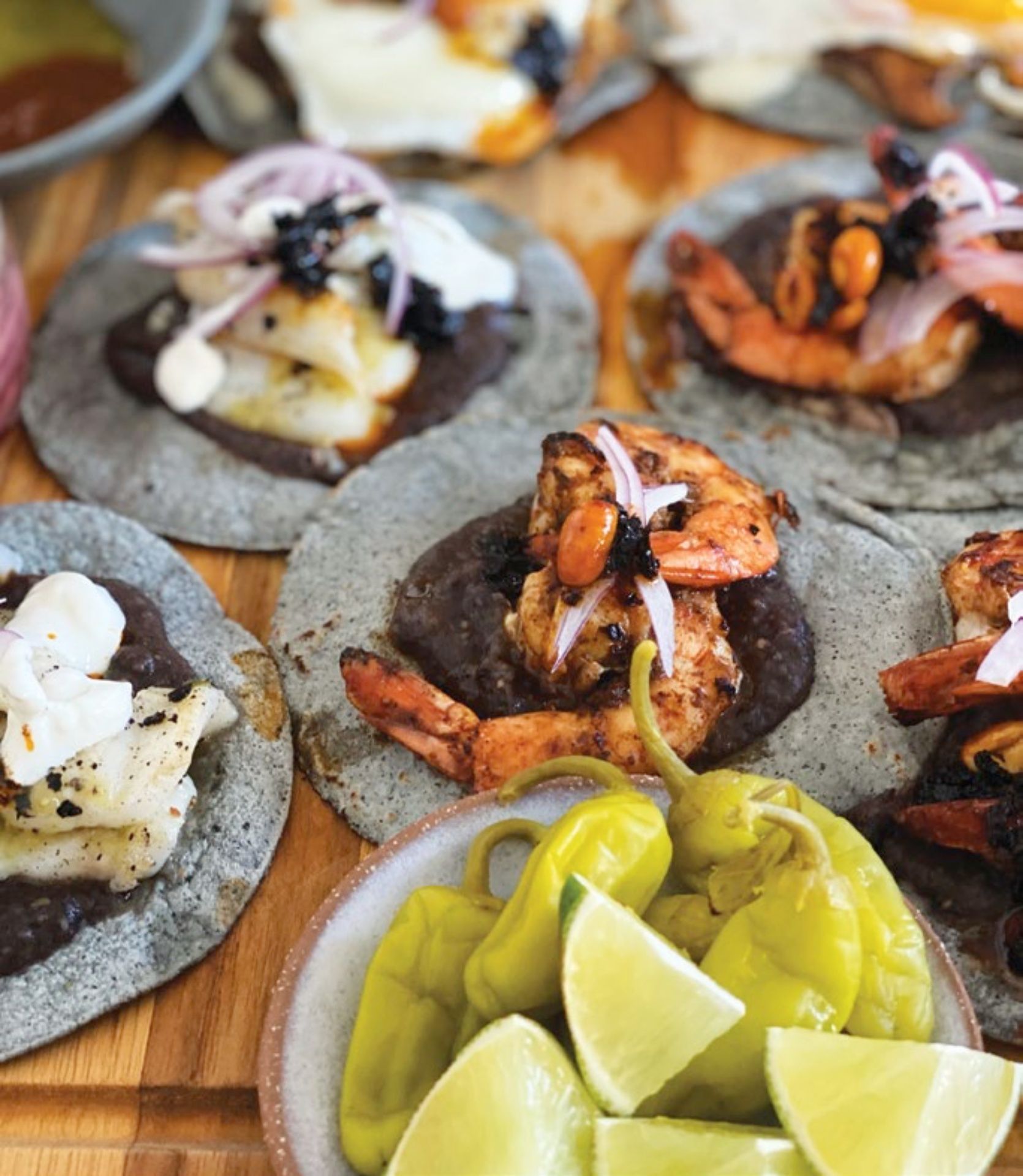 Taco brunch—blue corn tortillas, mock mole sauce (camarones, pescado, huevos)