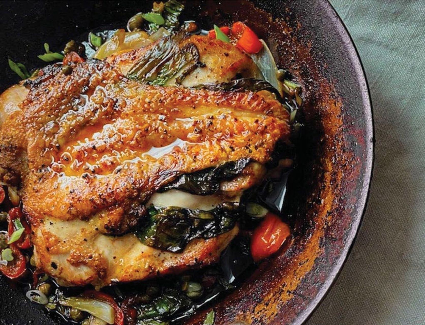 An easy, go-to dinner at home is the pan-seared chicken with ramps, chilli and verjus