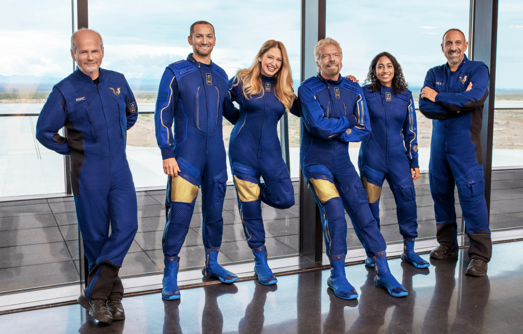 Virgin Galactic Unity22 Crew. Left to right; Dave Mackay, Chief Pilot, Colin Bennett, Lead Operations Engineer Beth Moses, Chief Astronaut Instructor Richard Branson, Founder Virgin Galactic Sirisha Bandla, Vice President of Government Affairs and Research Operations Michael Masucci, Pilot