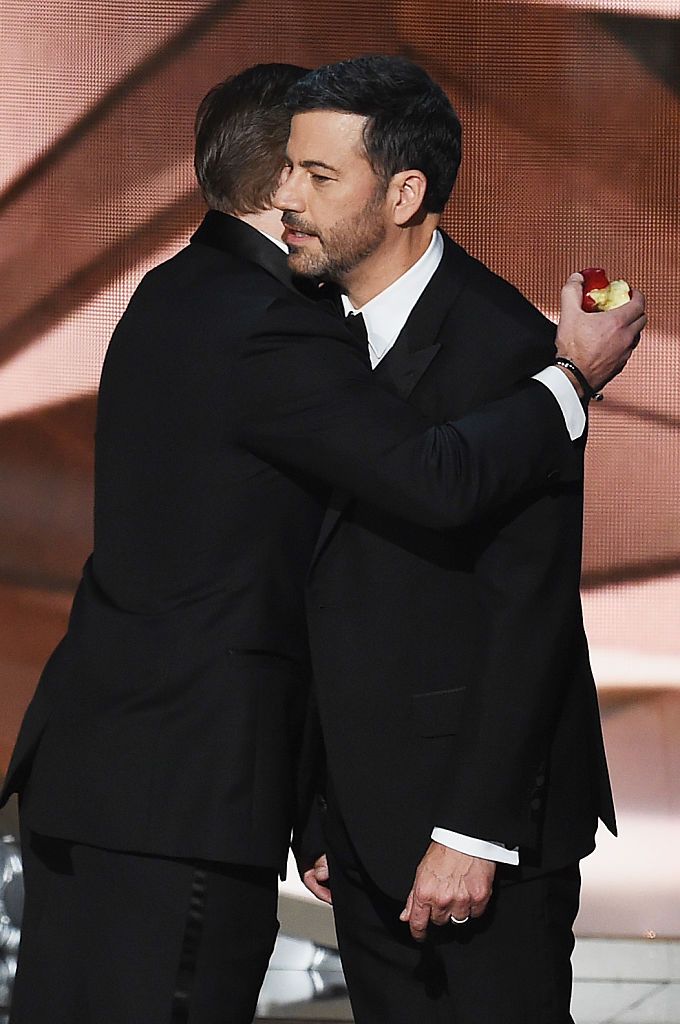 LOS ANGELES, CA - SEPTEMBER 18: Actor Matt Damon (L) and host Jimmy Kimmel speak onstage during the 68th Annual Primetime Emmy Awards at Microsoft Theater on September 18, 2016 in Los Angeles, California. (Photo by Kevin Winter/Getty Images)
