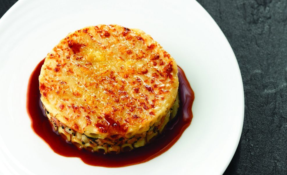 Macaroni gratin with truffles, celery, and foie gras