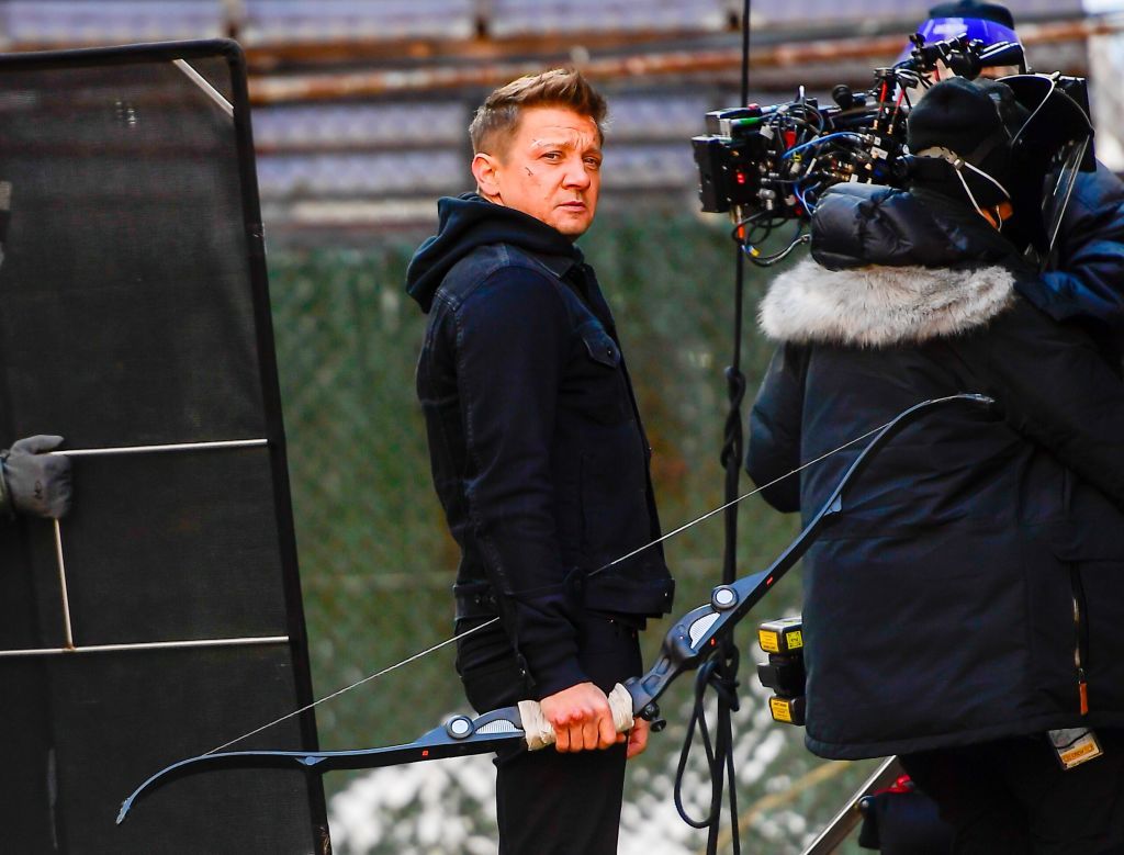 NEW YORK, NY - DECEMBER 08:  Jeremy Renner seen on the set of 'Hawkeye' on the Lower East Side on December 8, 2020 in New York City.  (Photo by Raymond Hall/GC Images)
