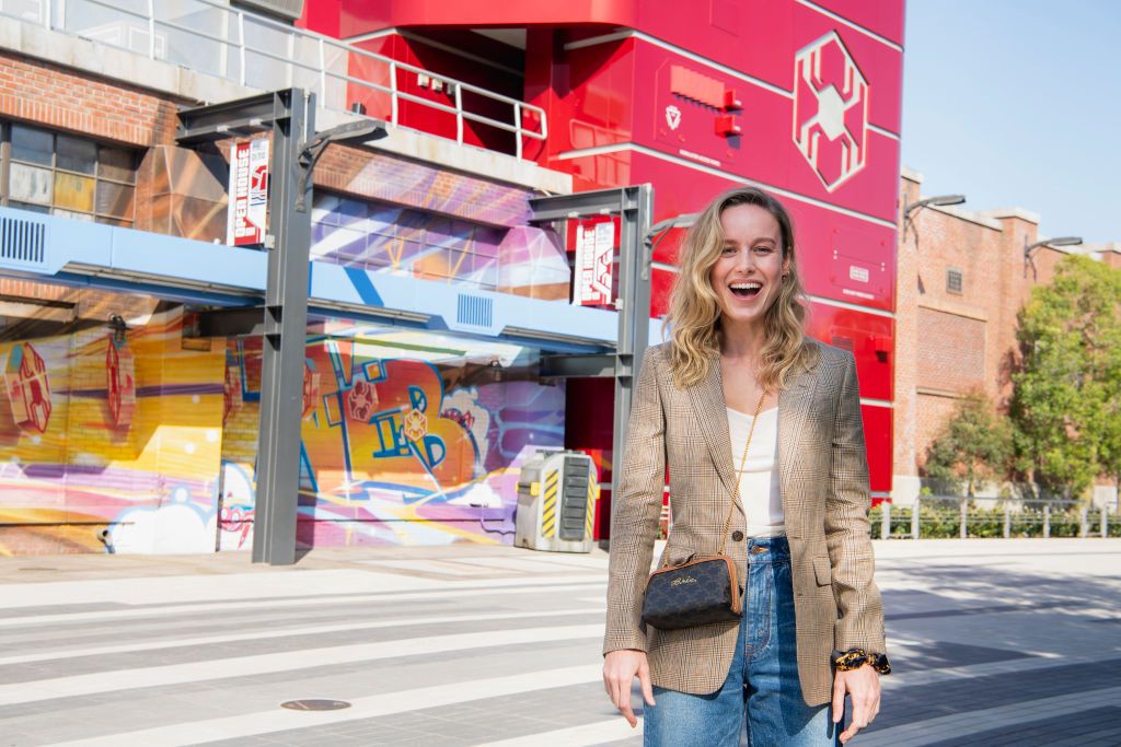 ANAHEIM, CALIFORNIA - MAY 19: In this handout photo provided by Disneyland Resort, Brie Larson gets a sneak peek of the Avengers Campus at Disney California Adventure Park on May 19, 2021 in Anaheim, California. The Avengers Campus opens to the public at the Disneyland Resort on June 4, 2021. (Photo by Derek Lee/Disneyland Resort via Getty Images)