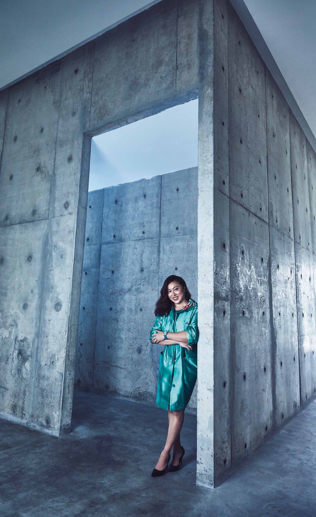 Vanda Electrics, helmed by Larissa Tan, is housed within the Wah Son @ Seletar Aerospace Park, which hearken back to the industrial age with its evocative design. Larissa wears a silk-blend parka by Giorgio Armani; Cintrée Curvex Lady Moon Phase watch in steel with diamonds by Franck Muller