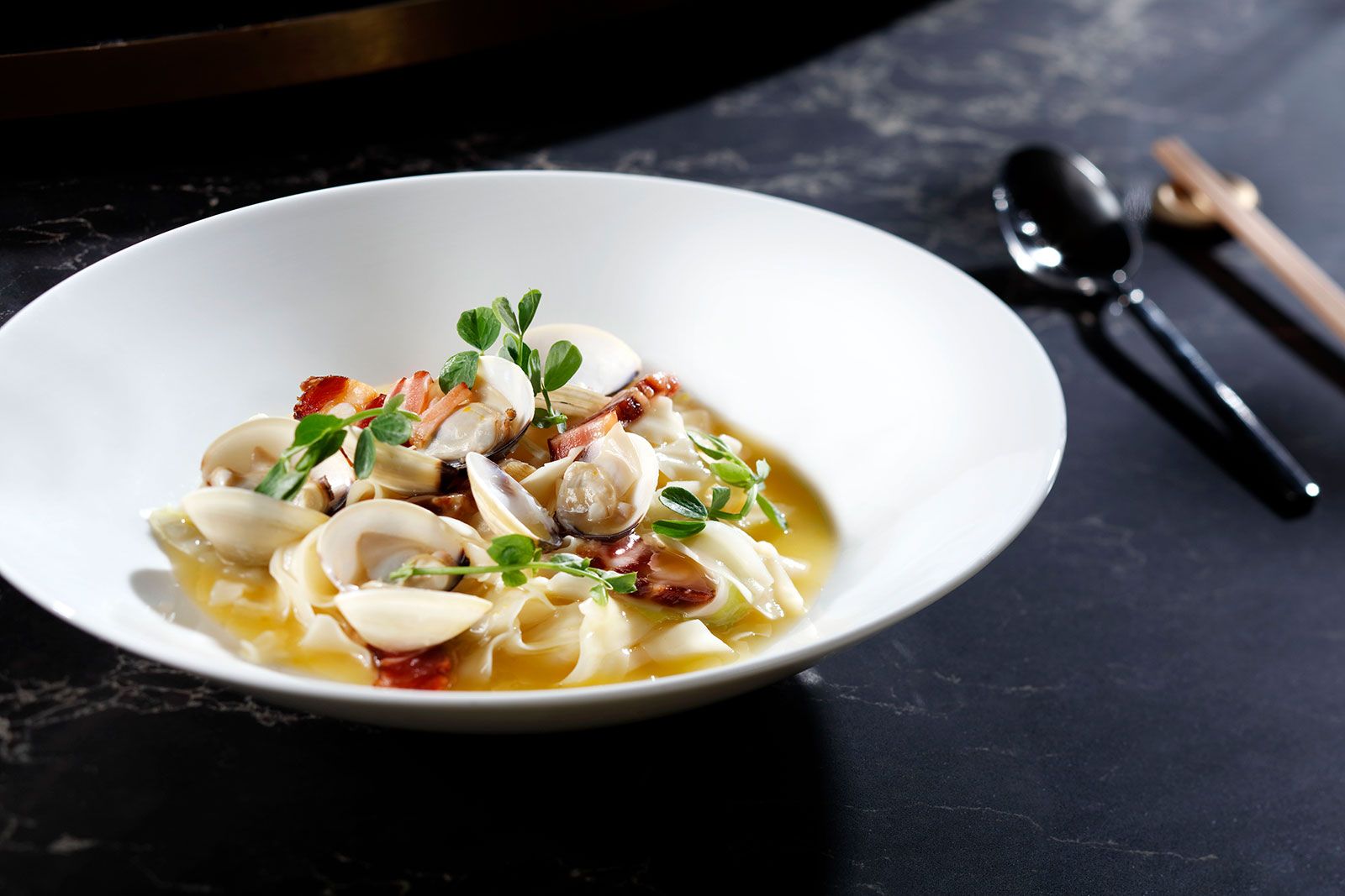 Handcut Taiwan noodle, wind dried pork with La La clams (Photo: Courtesy of Madame Fan)