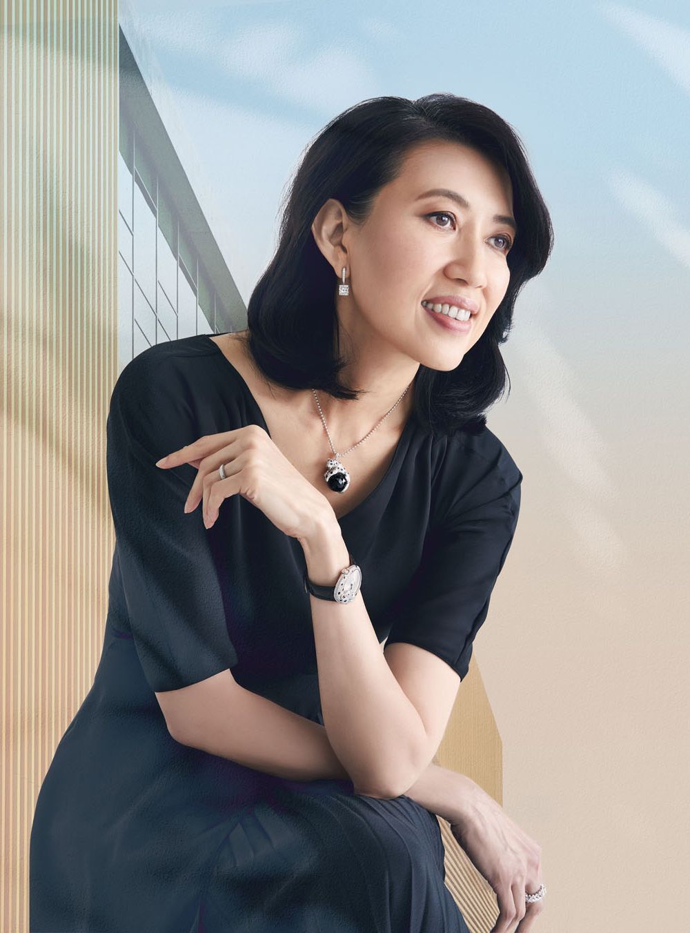 Architects CEO Angelene Chan’s design for the Sunray Woodcraft Construction Headquarters won her Design of the Year at the President’s Design Award in 2015. She wears pleated silk dress by Prada; High Jewellery 1895 earrings in platinum with diamonds, Panthère de Cartier necklace in white gold with emeralds and onyx, Panthère Lovée watch in white gold with diamonds, emerald and black lacquer, and Reflection de Cartier ring in white gold with diamonds, all by Cartier