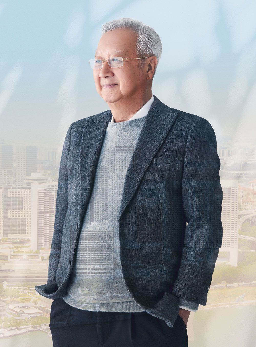 Co-founded by Koh Seow Chuan, DP Architects developed Marina Centre (which includes Marina Square, Suntec City and Millenia Walk), and its design stamp can also be found on the Esplanade – Theatres on the Bay, Singapore Flyer and The Fullerton Bay Hotel Singapore. He wears wool jacket and cashmere sweater, both by Giorgio Armani; Louis Cartier glasses in yellow gold by Cartier; shirt, Seow Chuan’s own