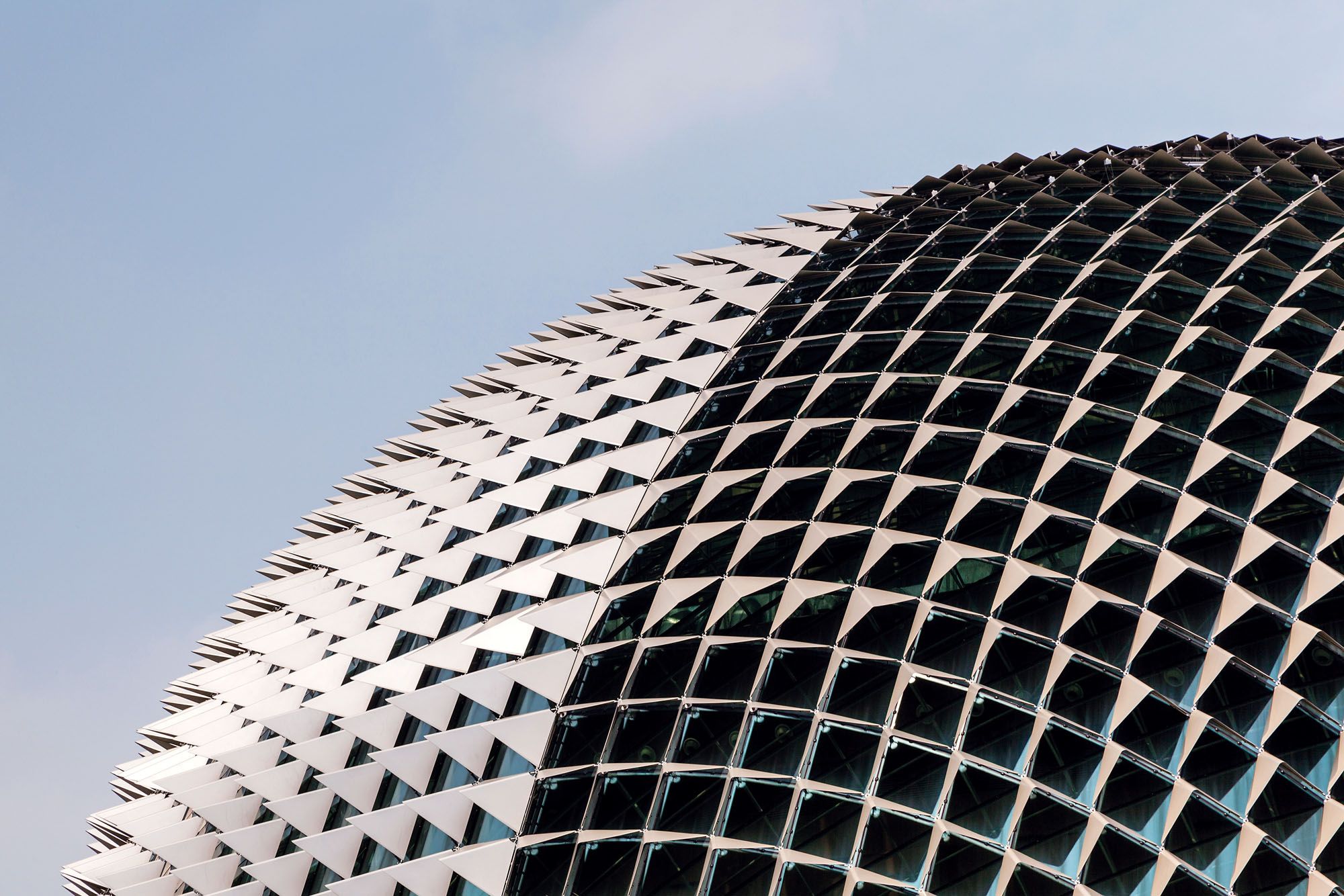The aluminium sunshades that clad the twin domes of the Esplanade – Theatres on the Bay give the performing arts centre a distinctive exterior that reminds one of the hugely popular king of fruits