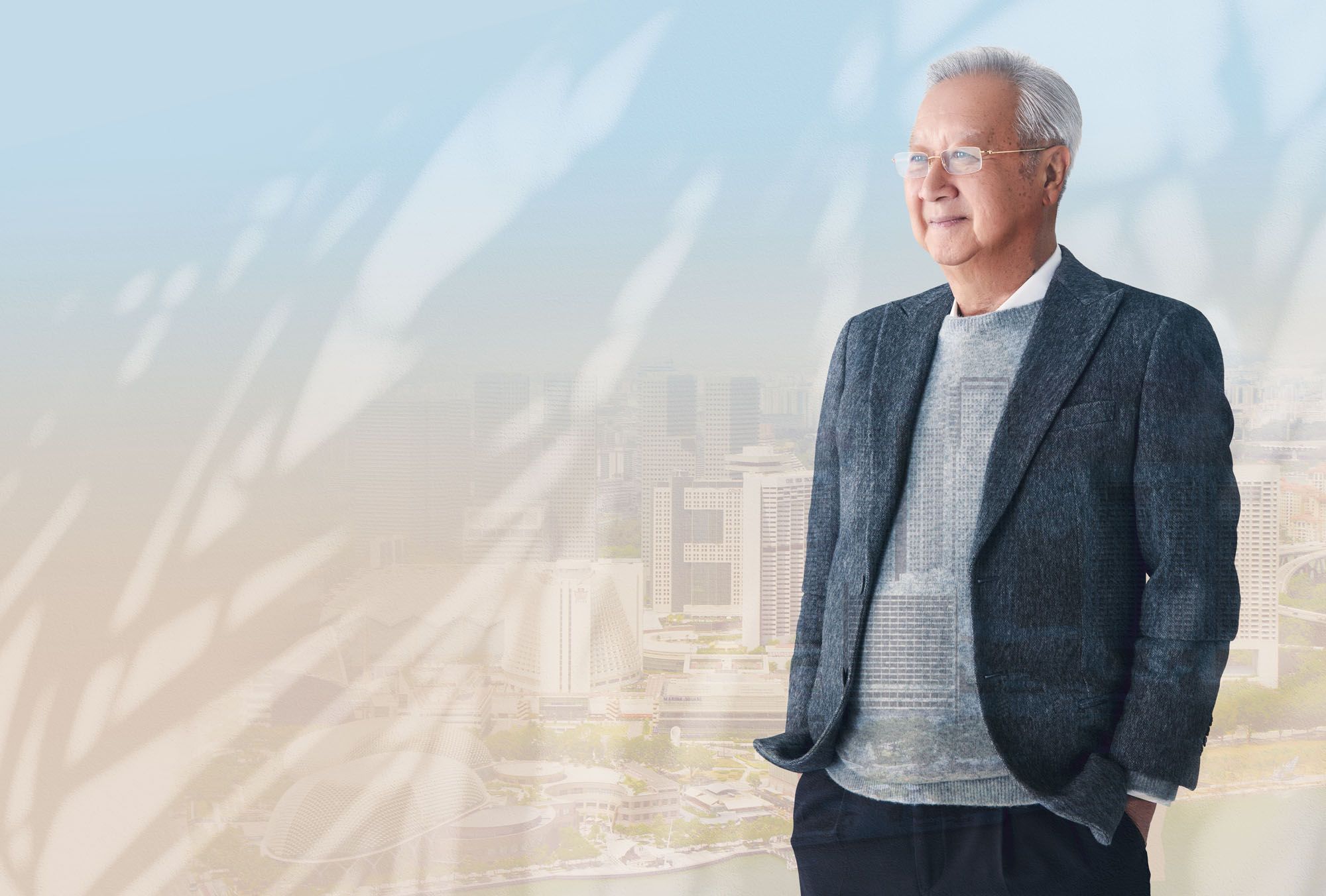 Co-founded by Koh Seow Chuan, DP Architects developed Marina Centre (which includes Marina Square, Suntec City and Millenia Walk), and its design stamp can also be found on the Esplanade – Theatres on the Bay, Singapore Flyer and The Fullerton Bay Hotel Singapore. He wears wool jacket and cashmere sweater, both by Giorgio Armani; Louis Cartier glasses in yellow gold by Cartier; shirt, Seow Chuan’s own