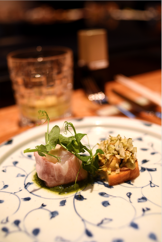 Kombu-flavoured flounder and pear spring roll (left), and mussel canape