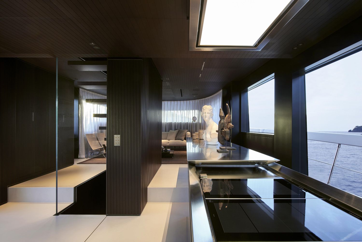 The living area of the Sanlorenzo SX88 yacht designed by Piero Lissoni