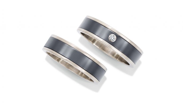 White gold and zalium rings set with a diamond, from Harry Winston