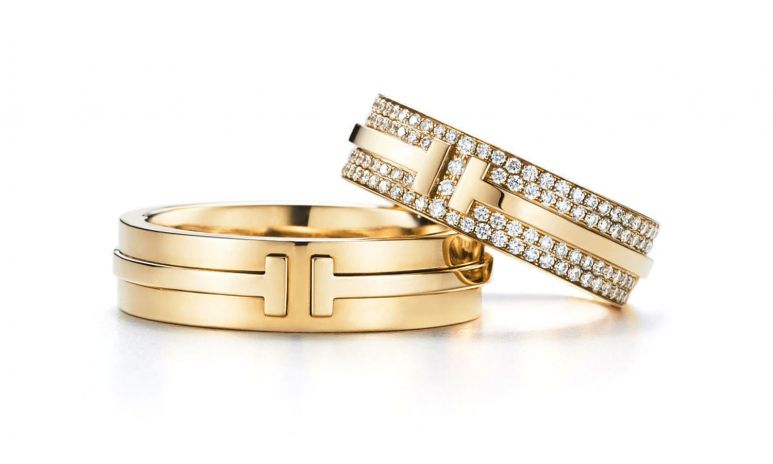 Yellow gold and pave diamond T rings, from Tiffany & Co.