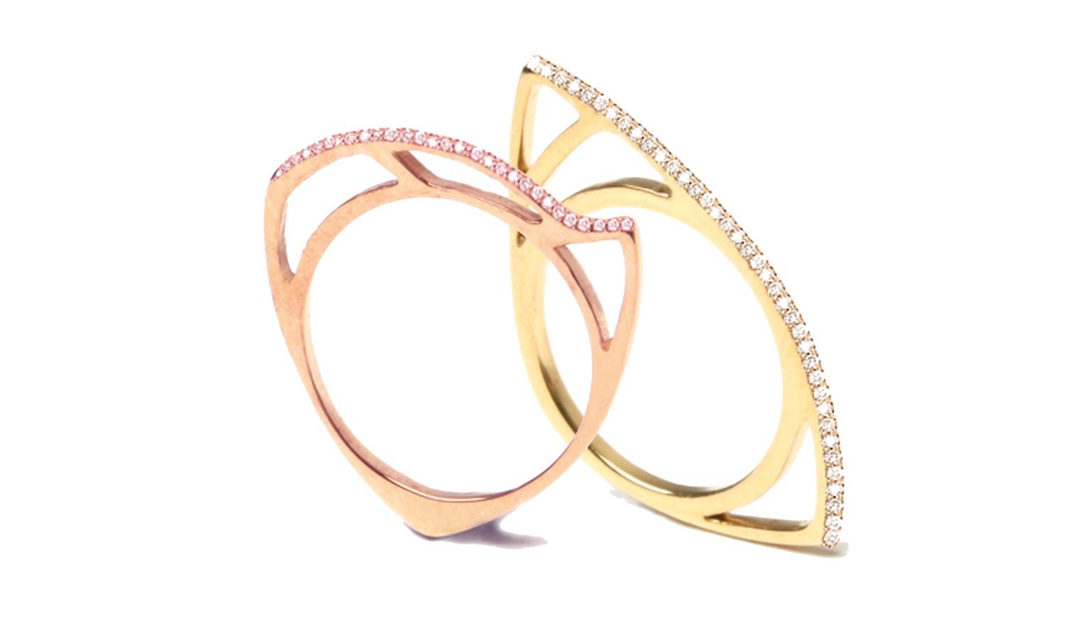 Morpho rings in gold set with white diamonds, from Anabela Chan