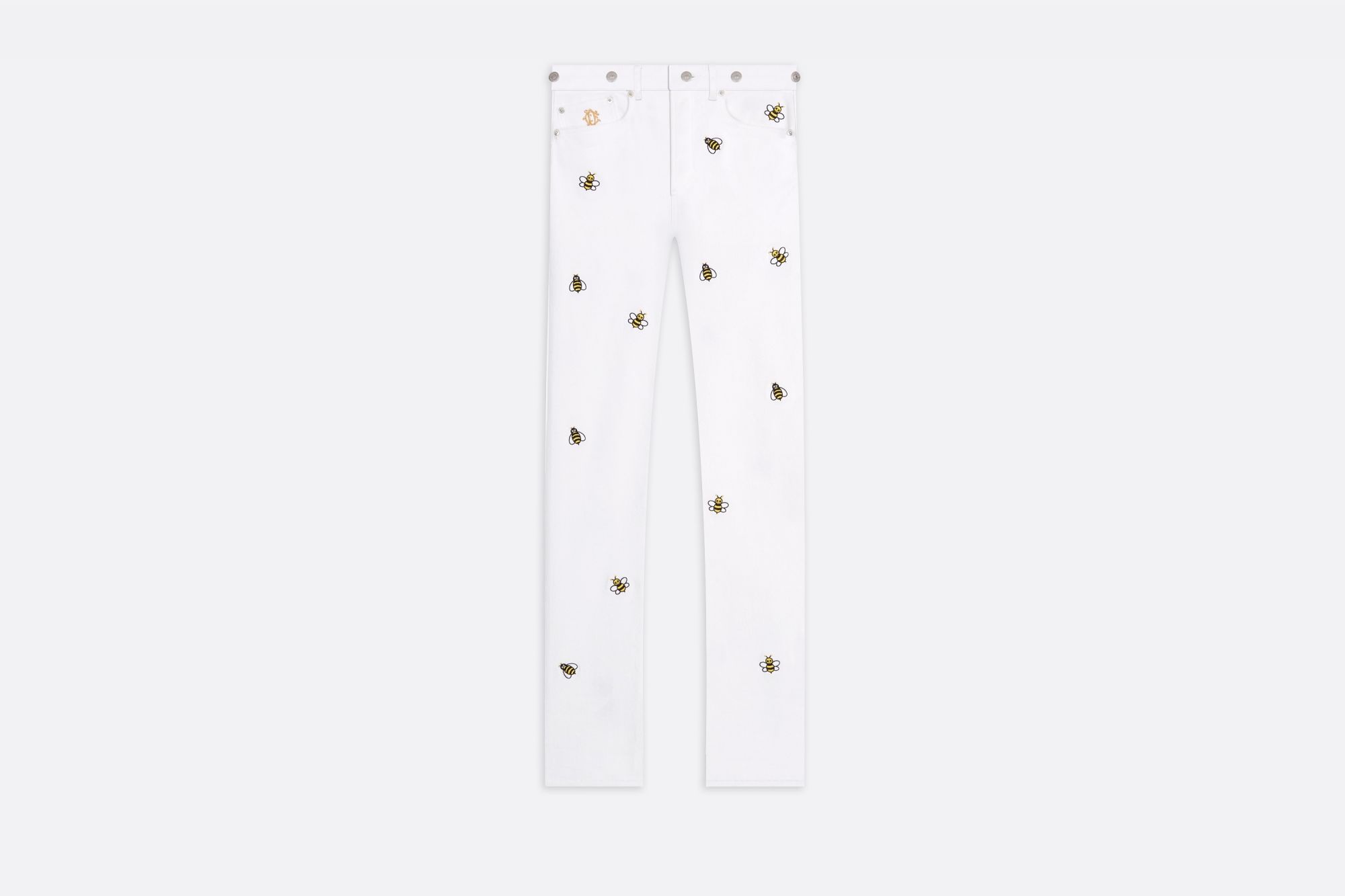 White stretch cotton denim jeans with DIOR x KAWS Bees embroidery