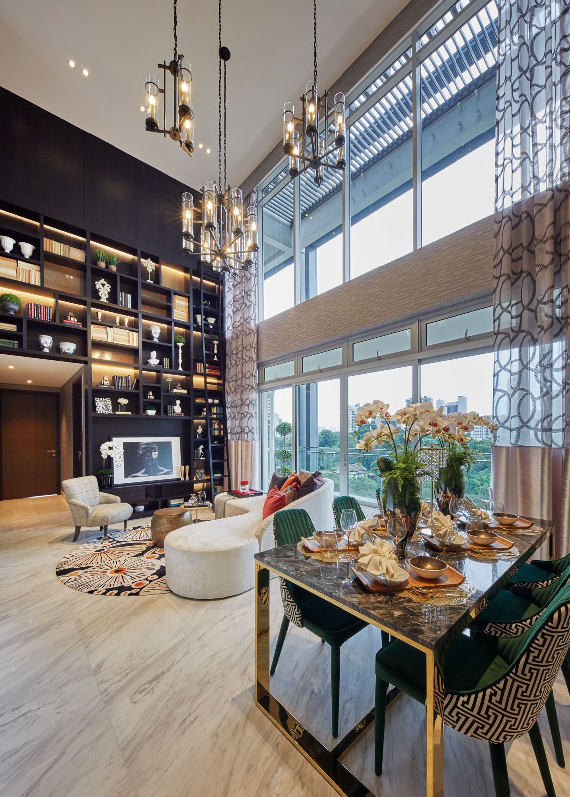The tall display shelves maximise the soaring living space