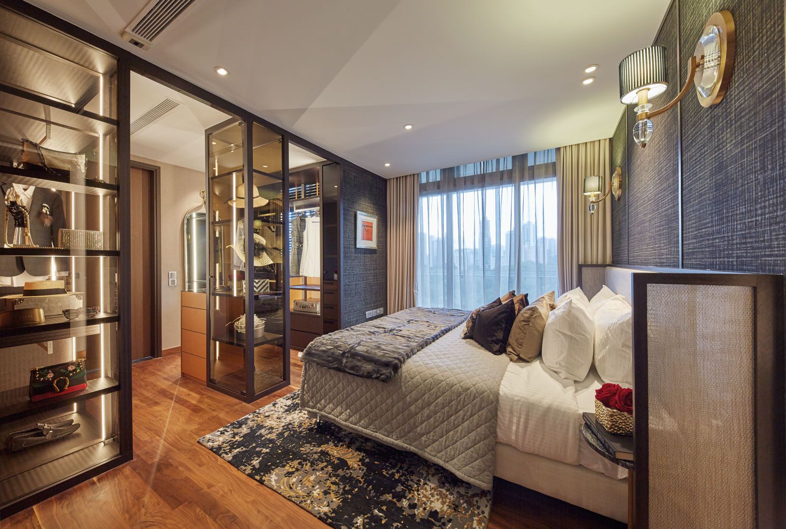 A monochromatic mix of wallpaper and upholstery adds to the cosy atmosphere of the master bedroom