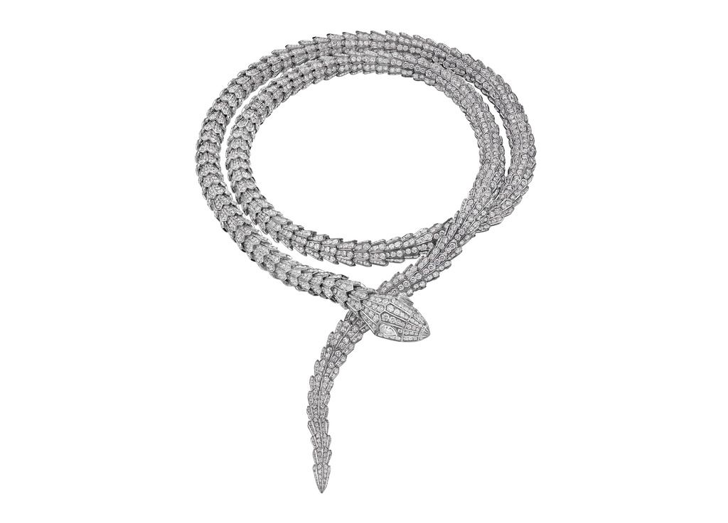White gold and diamond double wrap serpenti necklace