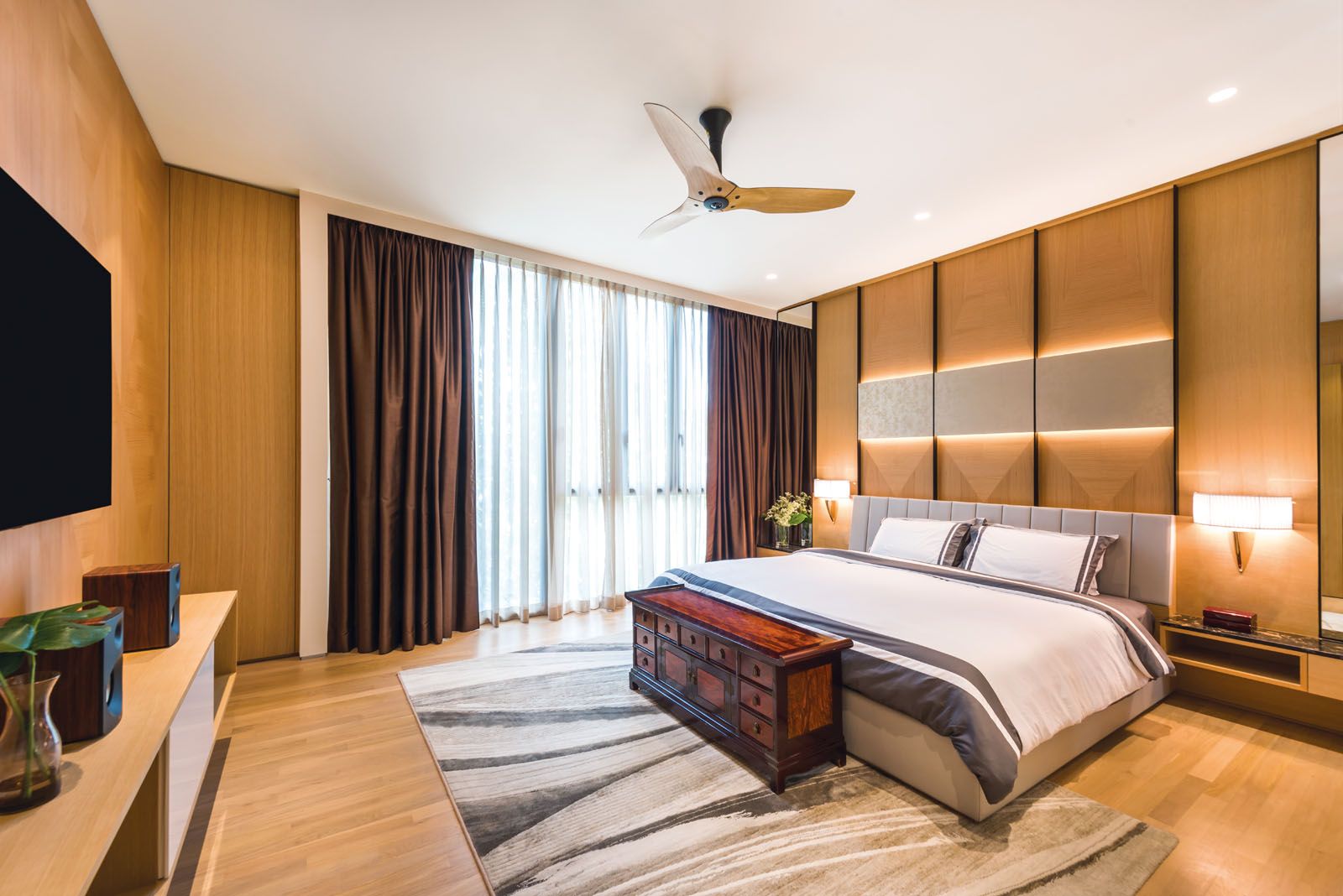 An earthy palette adds to the tranquil ambience in the master bedroom